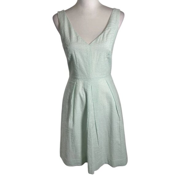J. CREW A Line Dress Sz 0 Green White Seersucker Pleated Sleeveless Back Zip - Picture 1 of 16